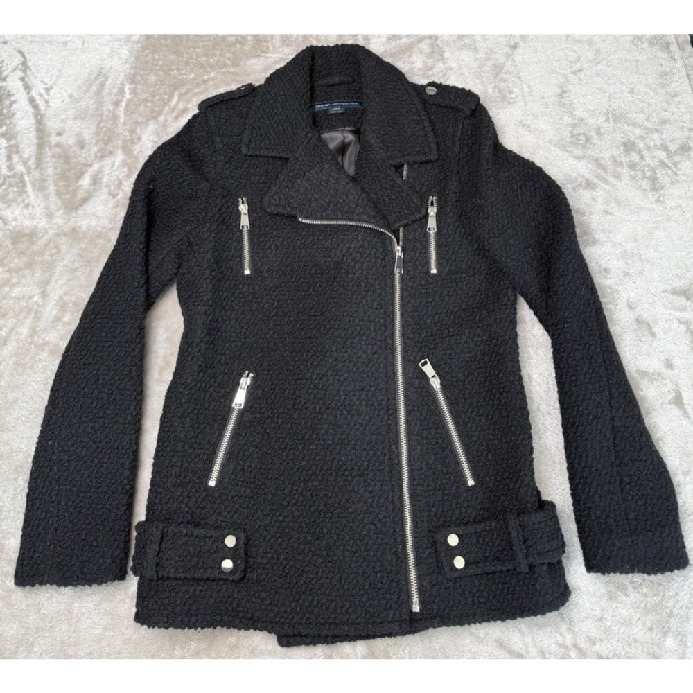 French Connection Black Boiled Wool Moto Jacket Womens Size 6